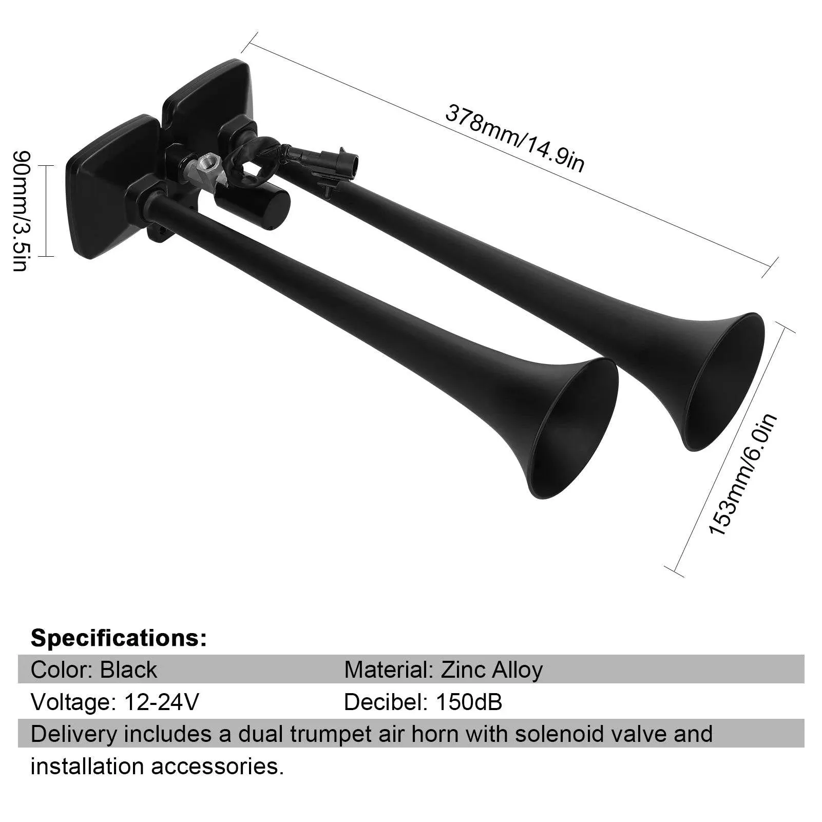 150dB Dual Trumpet Air Horn Loud Electric Horn 12-24V with Solenoid Valve for Car Truck RV Marine Boat