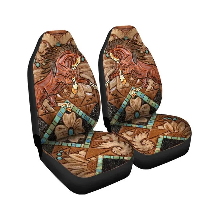 Faux Tooled Leather Brown Horse Car Seat Cover Set
