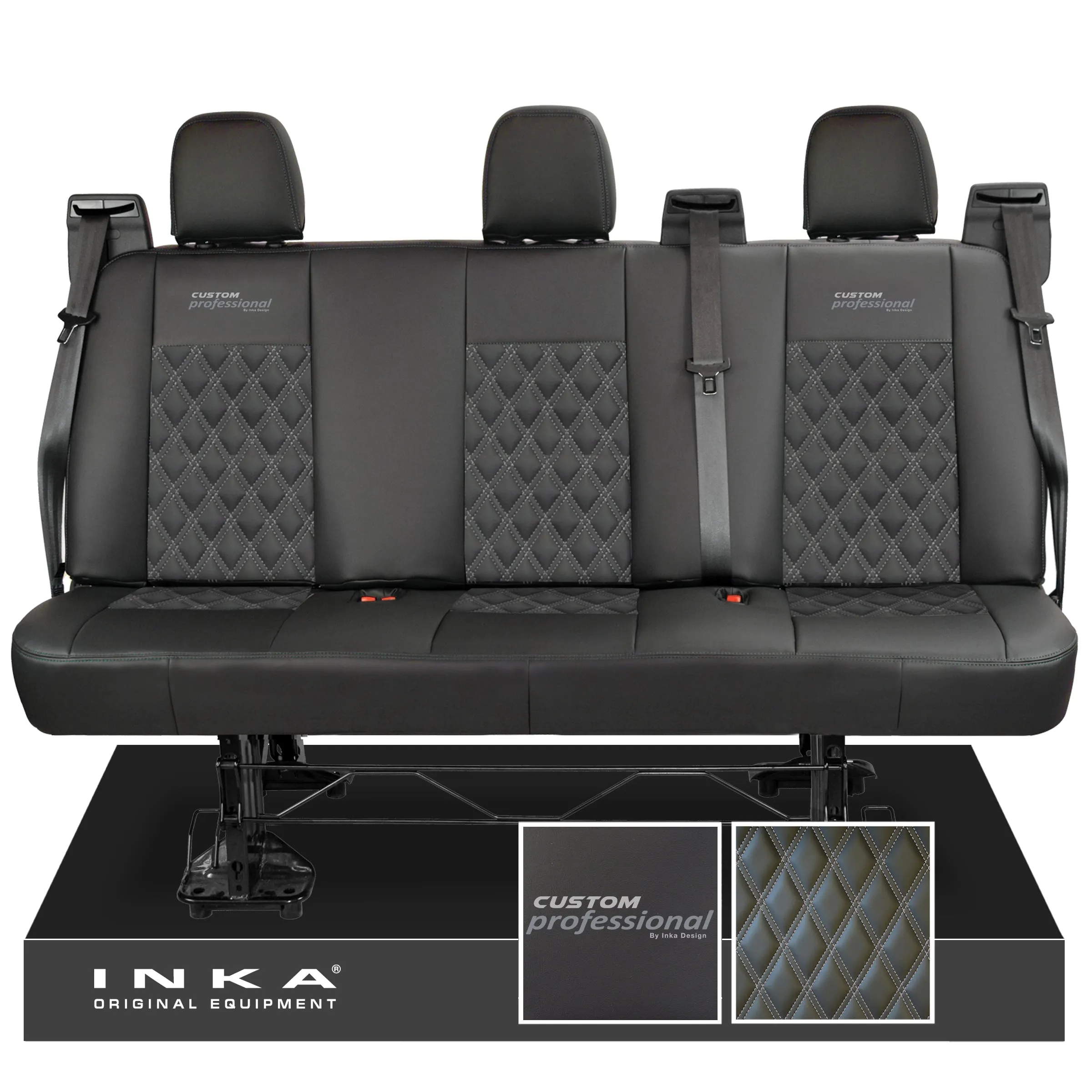 Ford Transit Custom INKA Custom Professional Rear Triple Tailored Leatherette Bentley Diamond Quilt Seat Covers Black MY12-23