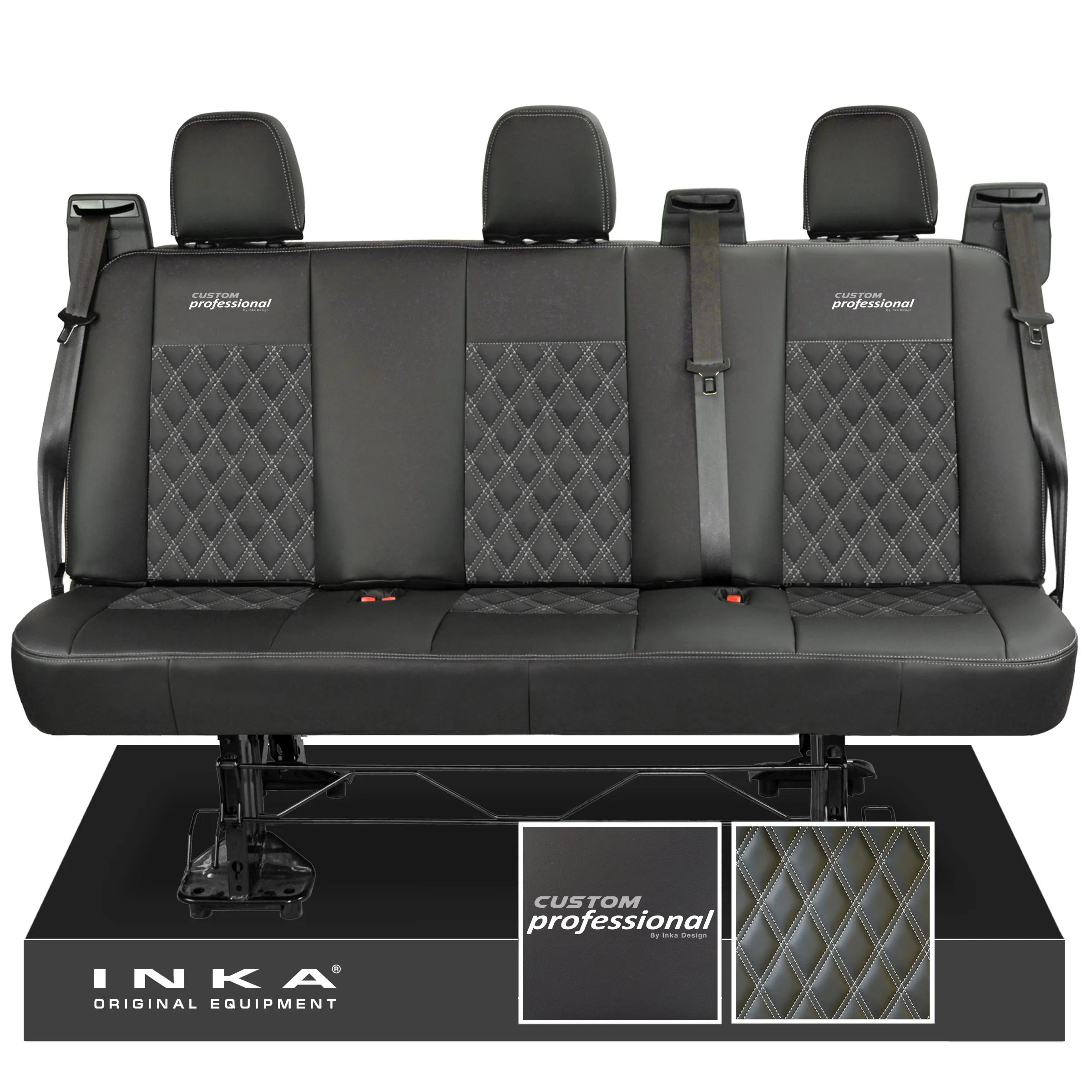 Ford Transit Custom INKA Custom Professional Rear Triple Tailored Leatherette Bentley Diamond Quilt Seat Covers Black MY12-23