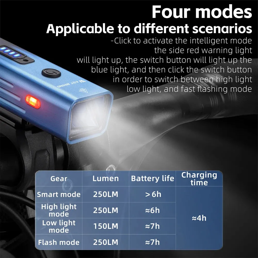 High Brightness Aluminum Alloy Bicycle Light 250 Lumen USB Rechargeable Bike Light Light Sensing Road Bike Cycling Safety Lamp