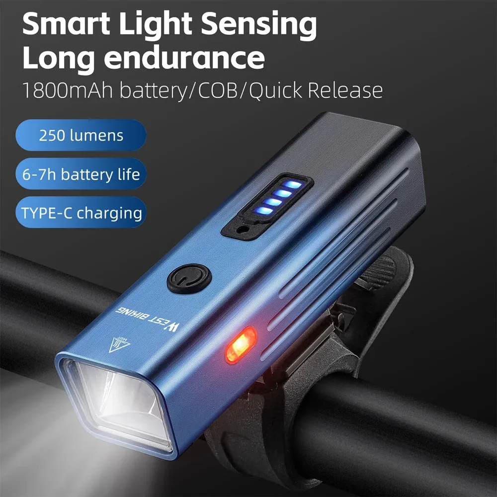 High Brightness Aluminum Alloy Bicycle Light 250 Lumen USB Rechargeable Bike Light Light Sensing Road Bike Cycling Safety Lamp