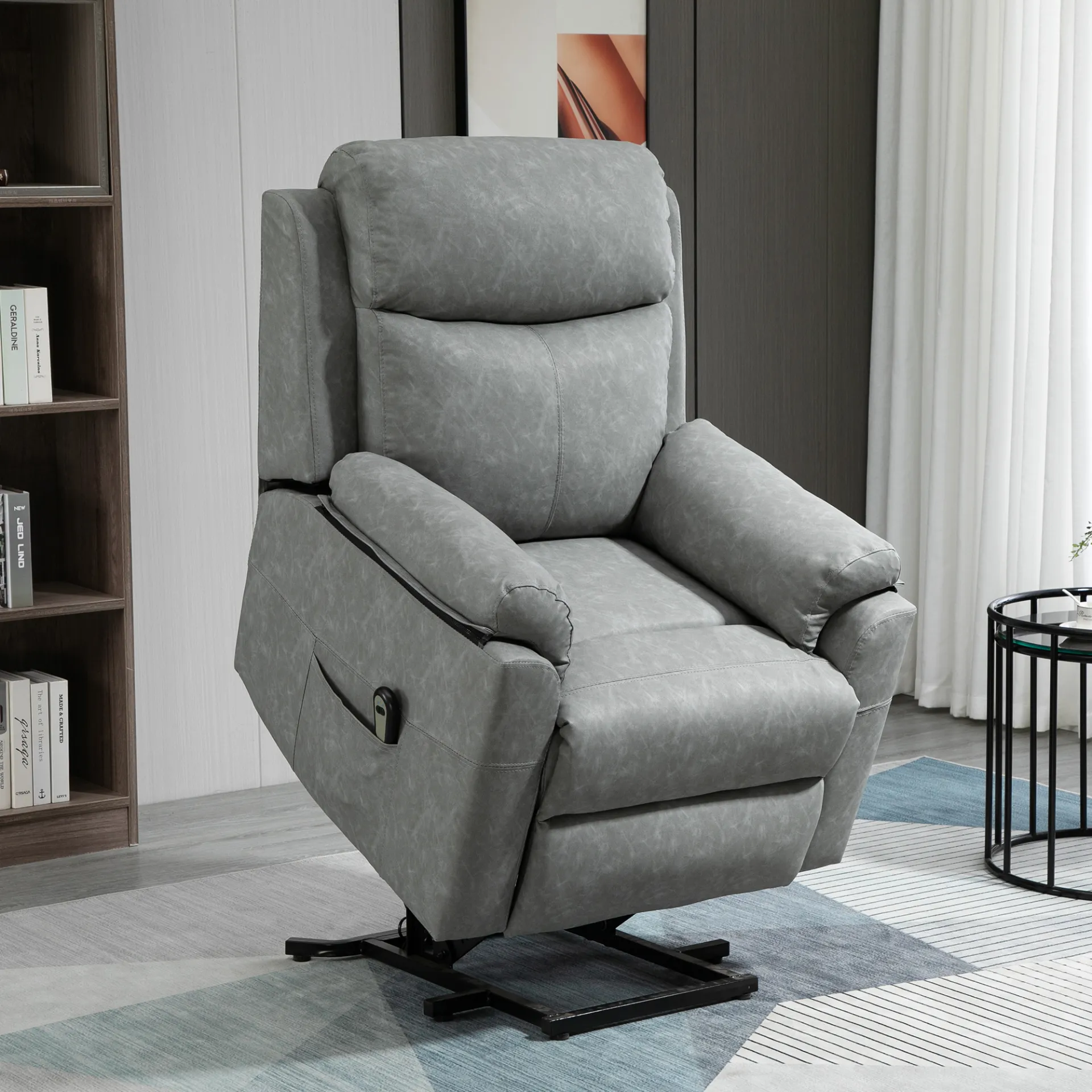 HOMCOM Electric Power Lift Recliner Chair - Faux Leather Armchair for Elderly with Remote Control, Side Pocket - Grey