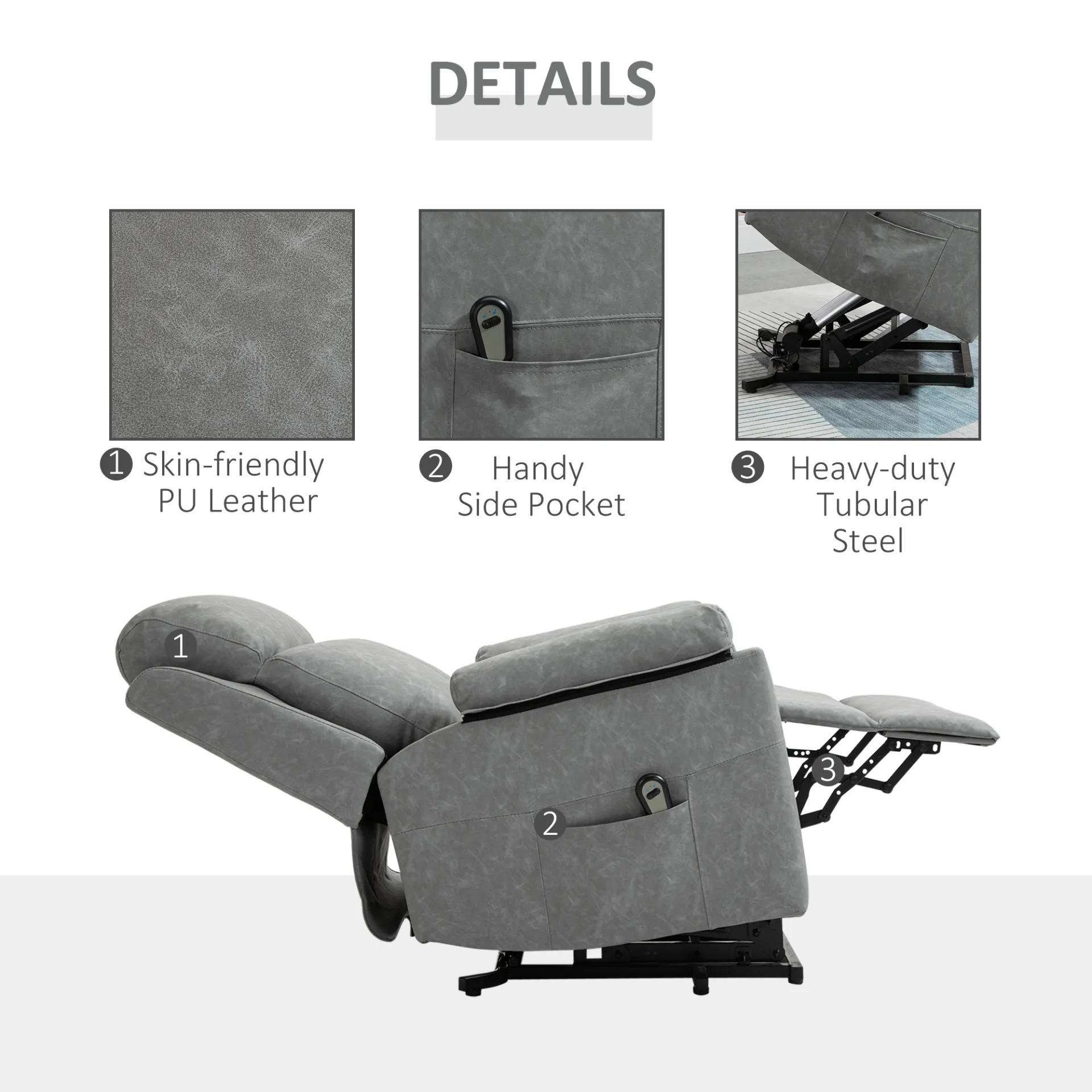 HOMCOM Electric Power Lift Recliner Chair - Faux Leather Armchair for Elderly with Remote Control, Side Pocket - Grey