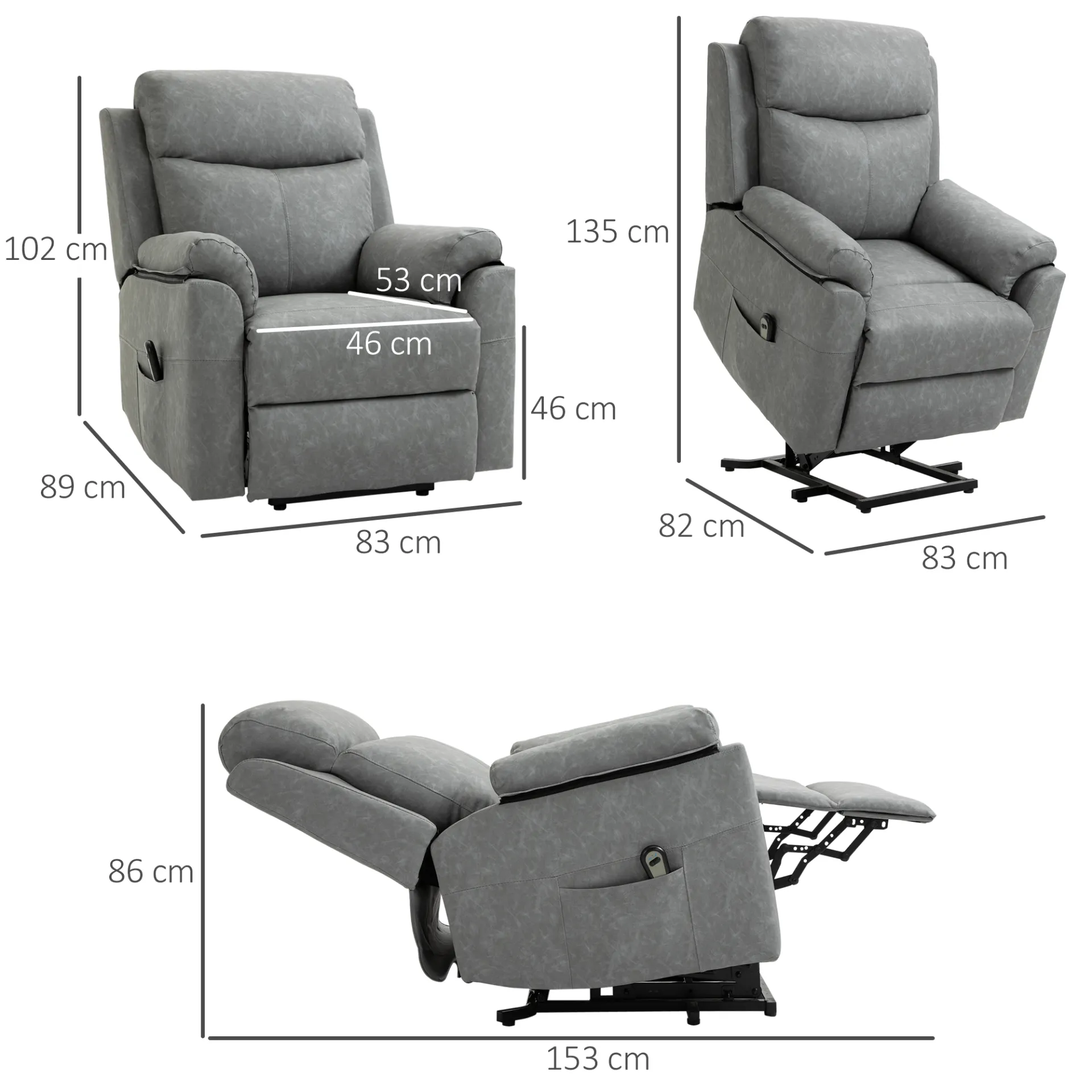 HOMCOM Electric Power Lift Recliner Chair - Faux Leather Armchair for Elderly with Remote Control, Side Pocket - Grey