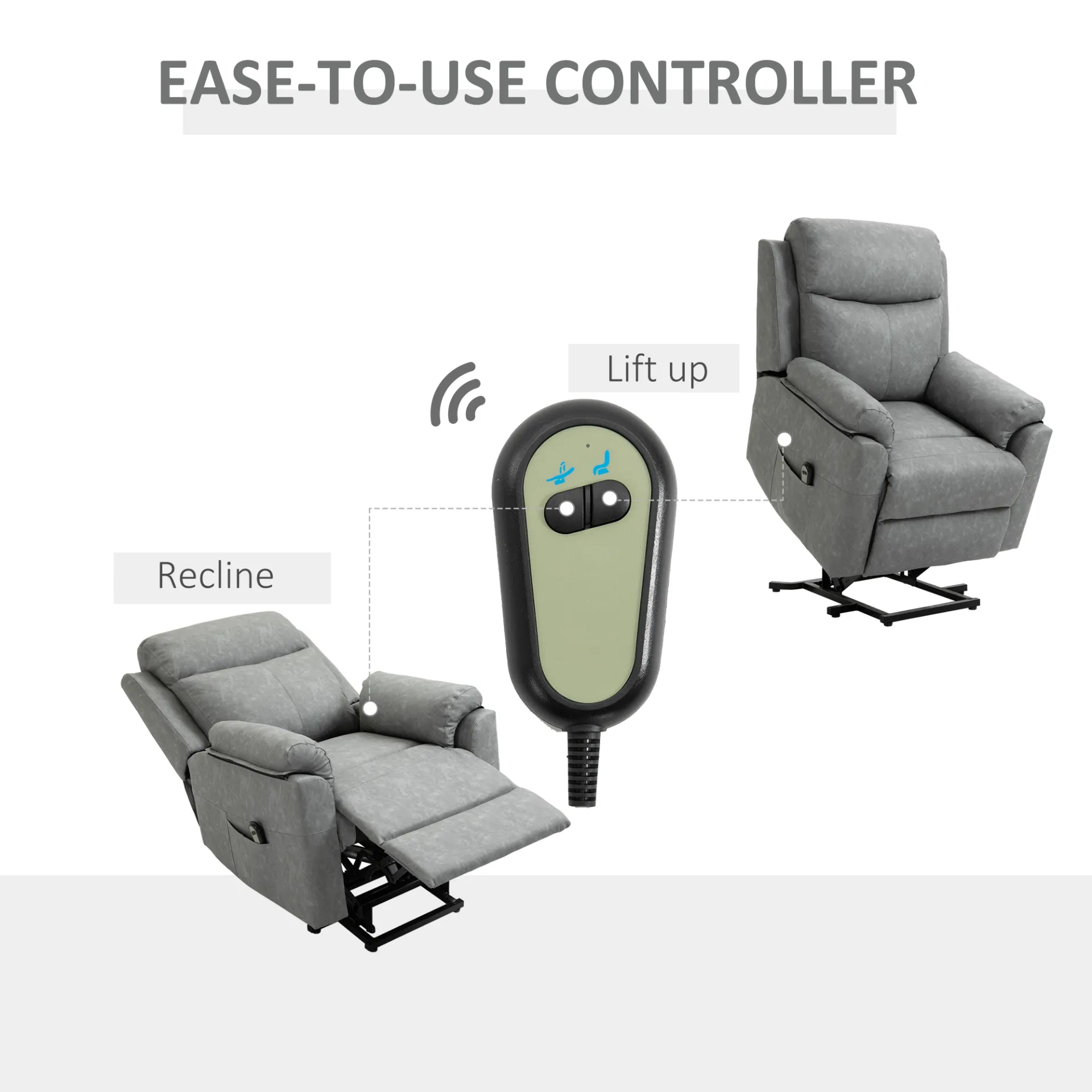 HOMCOM Electric Power Lift Recliner Chair - Faux Leather Armchair for Elderly with Remote Control, Side Pocket - Grey