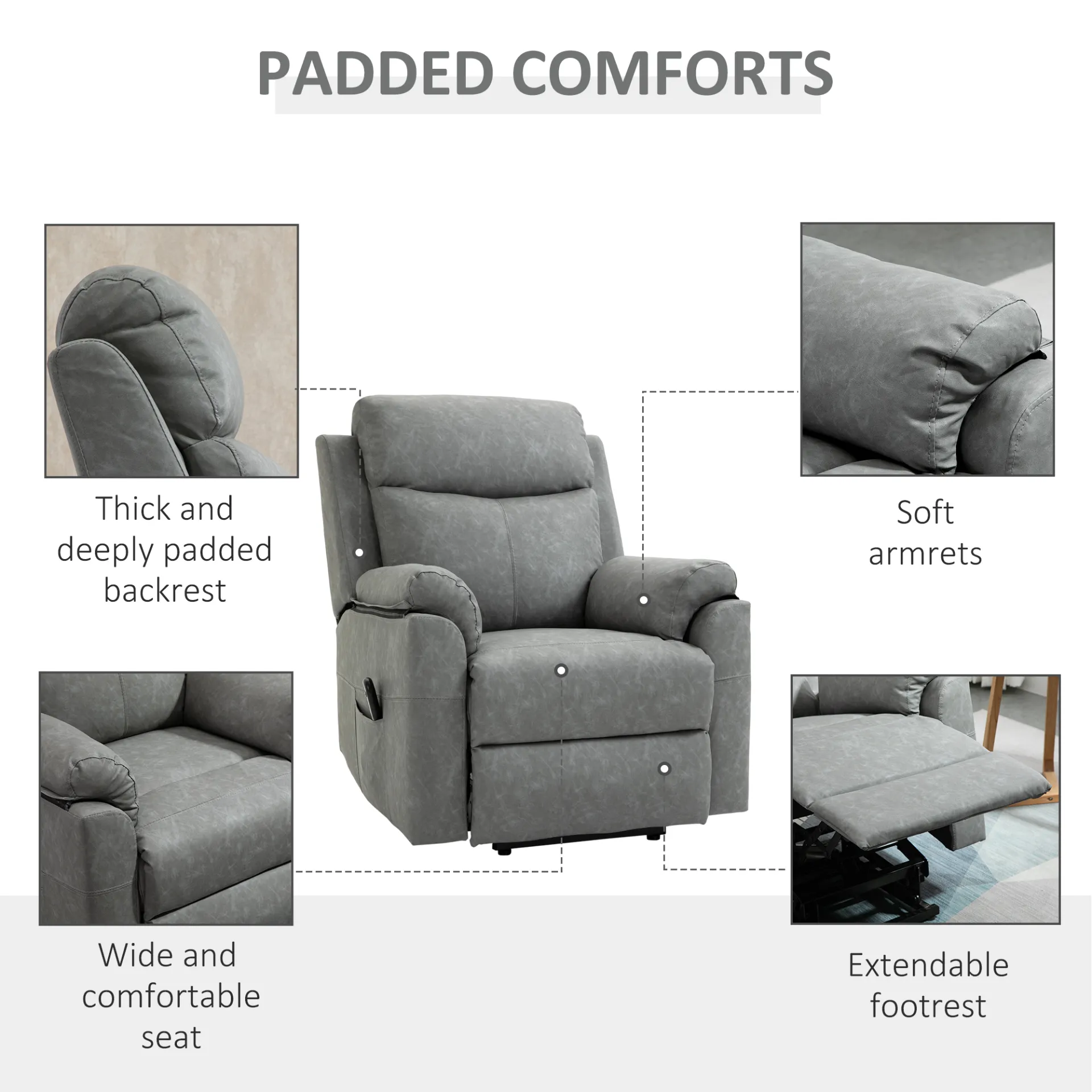 HOMCOM Electric Power Lift Recliner Chair - Faux Leather Armchair for Elderly with Remote Control, Side Pocket - Grey
