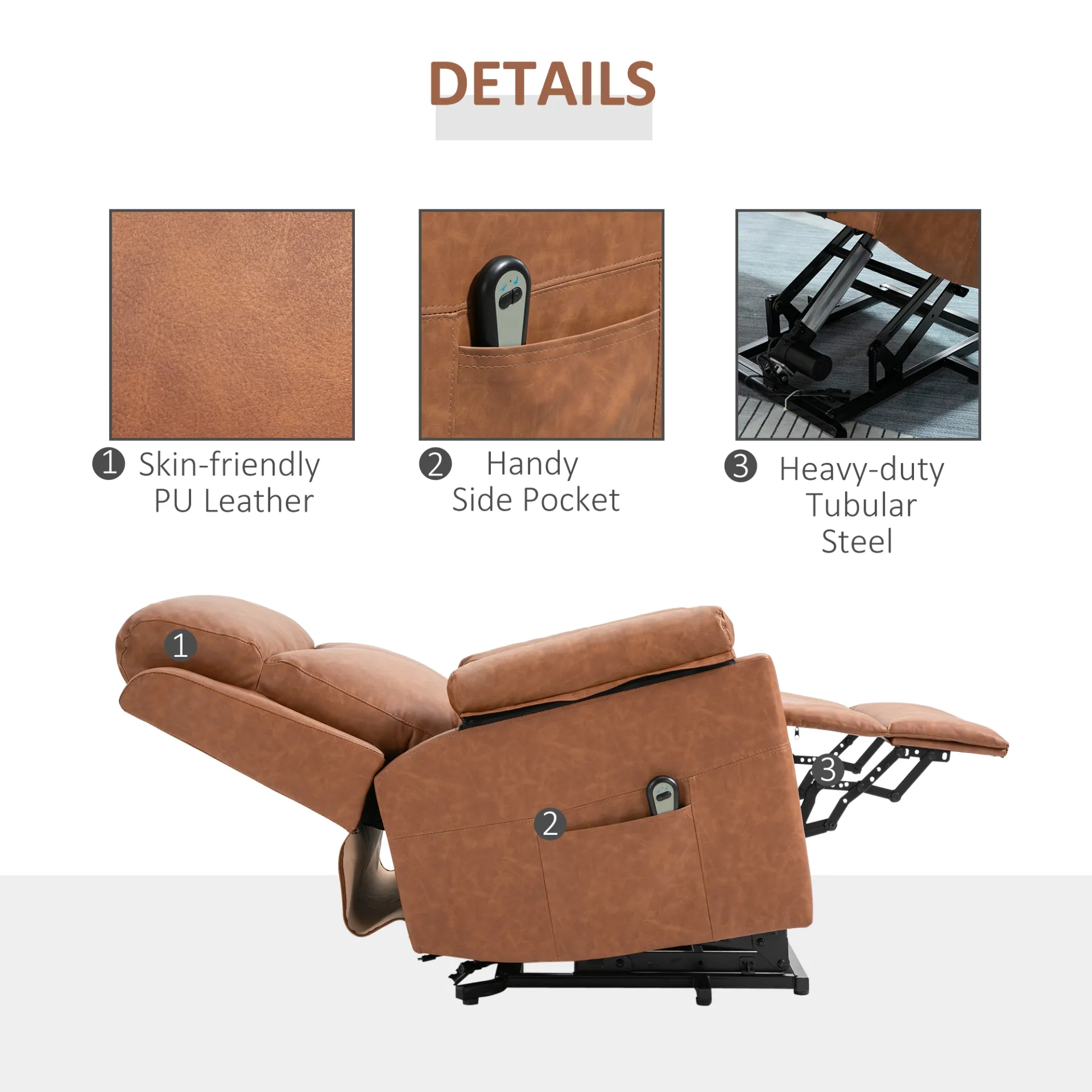 HOMCOM Electric Power Lift Recliner Chair for Elderly, Faux Leather Armchair with Remote Control and Side Pocket, Brown