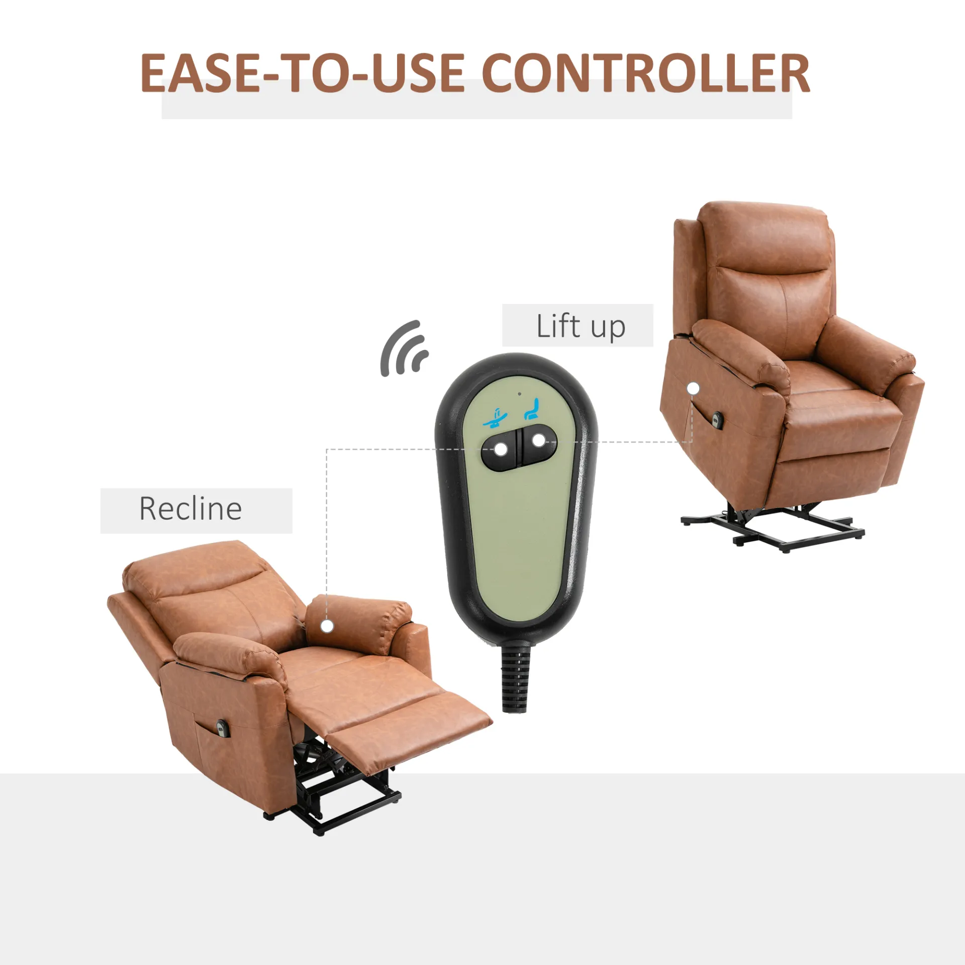 HOMCOM Electric Power Lift Recliner Chair for Elderly, Faux Leather Armchair with Remote Control and Side Pocket, Brown