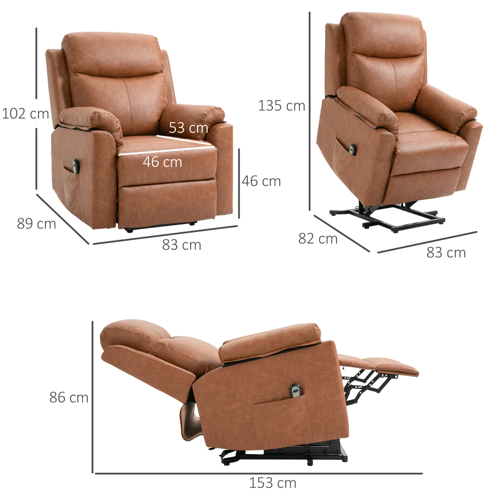 HOMCOM Electric Power Lift Recliner Chair for Elderly, Faux Leather Armchair with Remote Control and Side Pocket, Brown