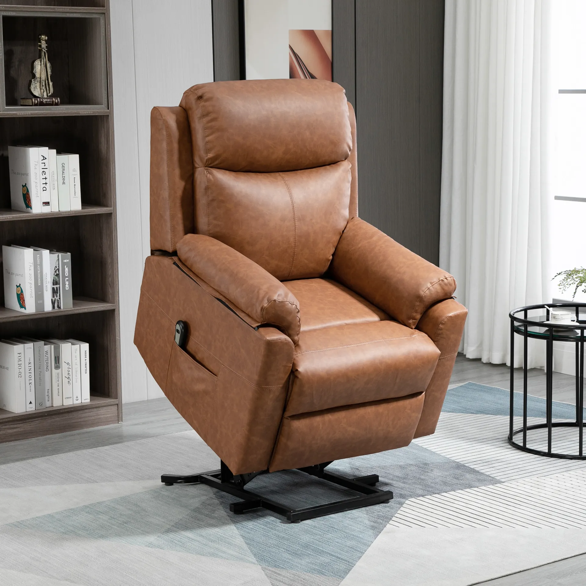 HOMCOM Electric Power Lift Recliner Chair for Elderly, Faux Leather Armchair with Remote Control and Side Pocket, Brown