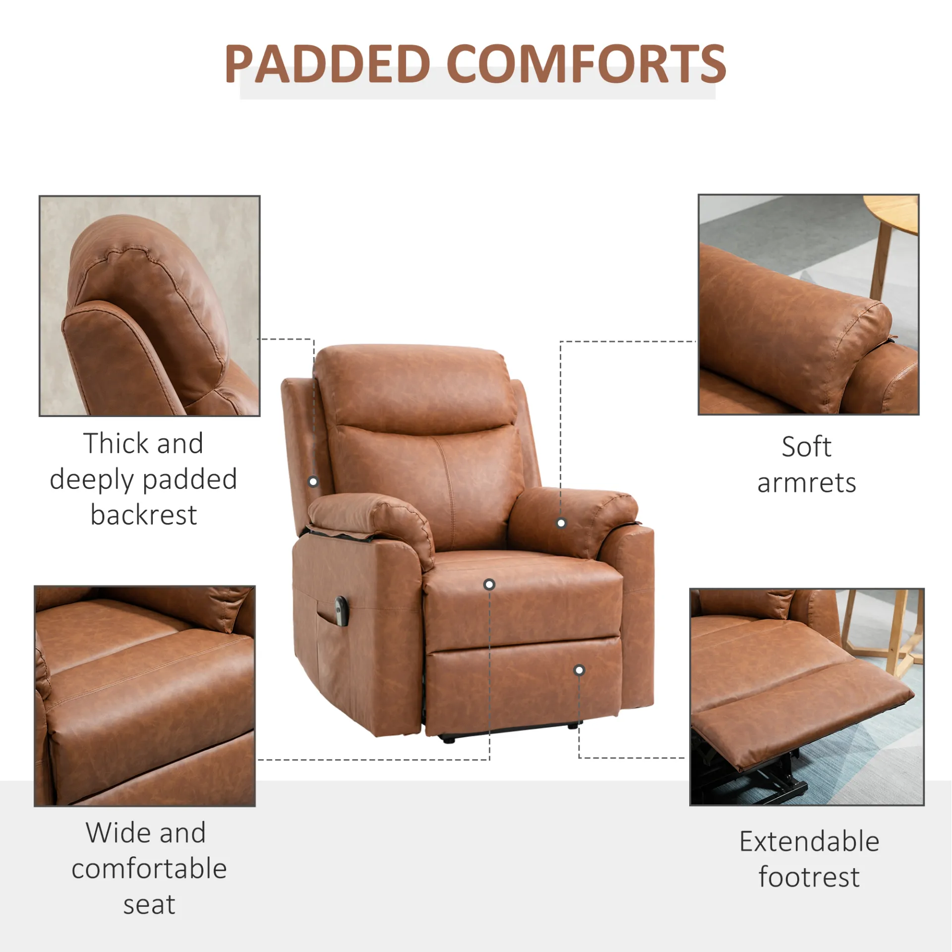 HOMCOM Electric Power Lift Recliner Chair for Elderly, Faux Leather Armchair with Remote Control and Side Pocket, Brown
