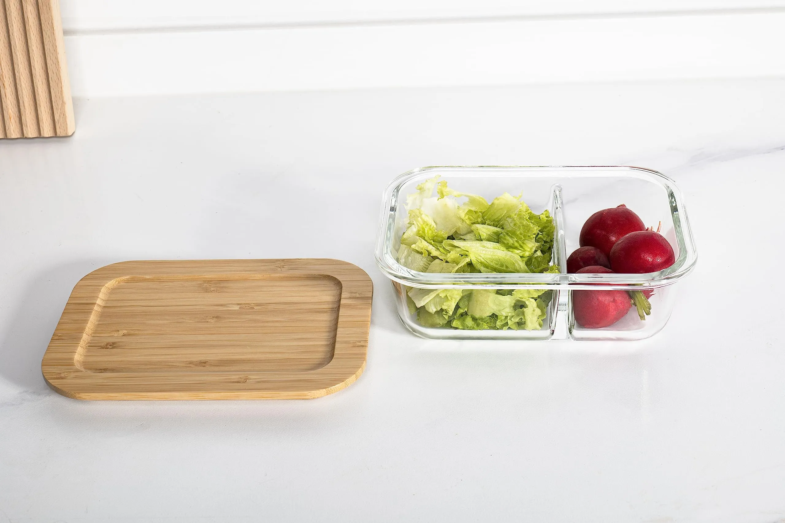 USHA SHRIRAM Borosilicate Glass Tiffin Box Lid| Glass Tiffin Box For Office For Men Women| Leak-Proof Lunch Box | Borosilicate Lunch Box With Wooden Lid | Glass Lunch Box With Lid (980ml - Bamboo Lid)