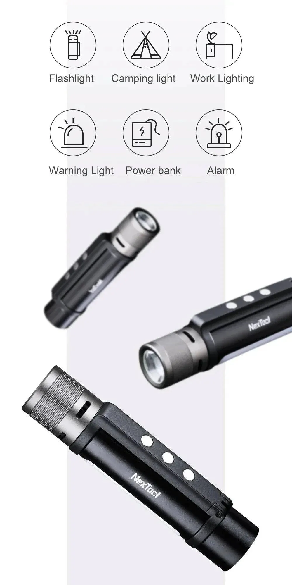 Xiaomi Nextool Outdoor 6 in 1 Zoom Flashlight Multifunction Portable Sound Light Alarm 1000lm Waterproof 2600mAh LED Flashlight